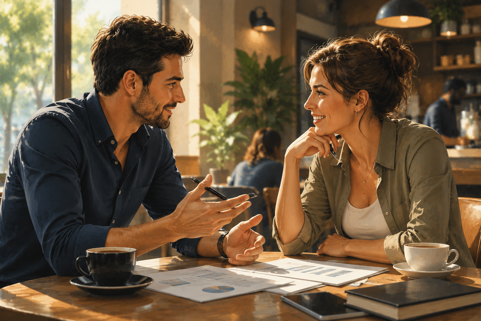 Two people in a casual meeting at a cafe, leaning toward each other across the table mid-conversation, papers between them, warm ambient light