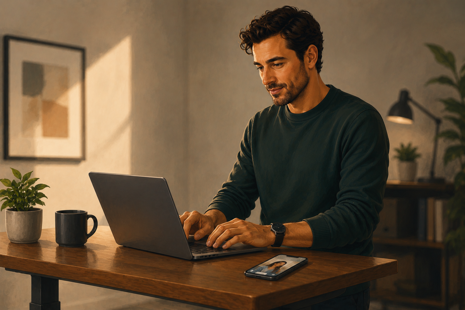 Person at a standing desk typing a message on a laptop with a phone showing a TikTok creator profile in the background