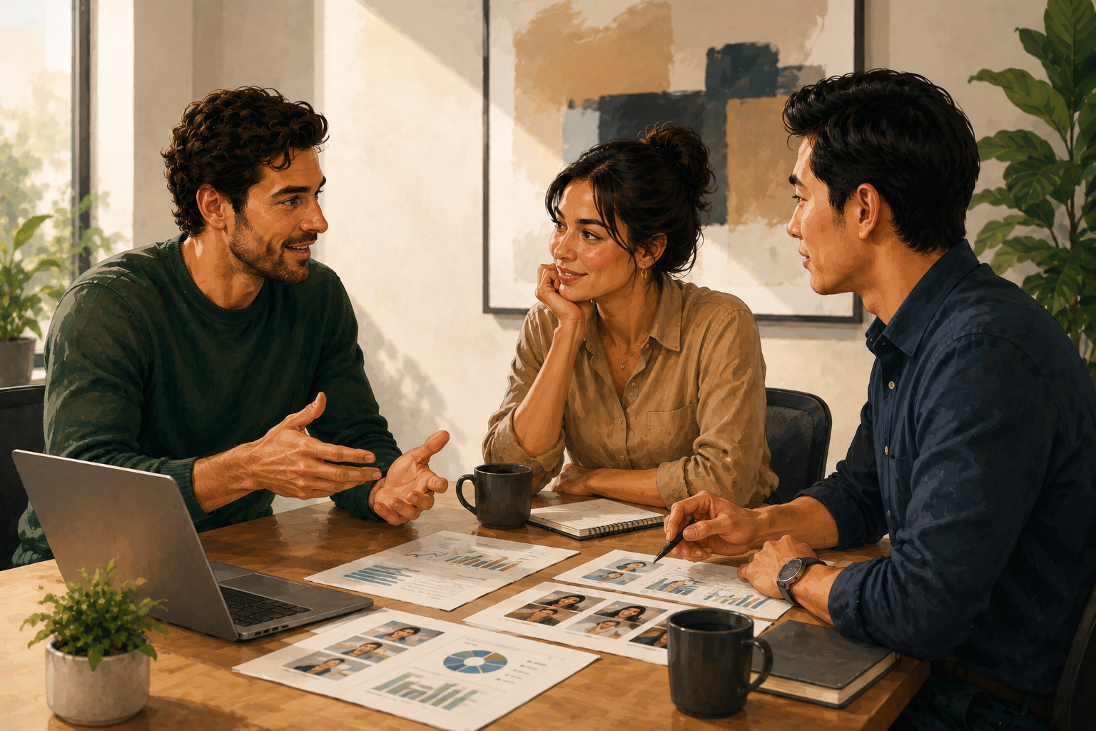 Small team gathered around a conference table reviewing printed sheets and a laptop, discussing outreach strategy in a bright meeting room
