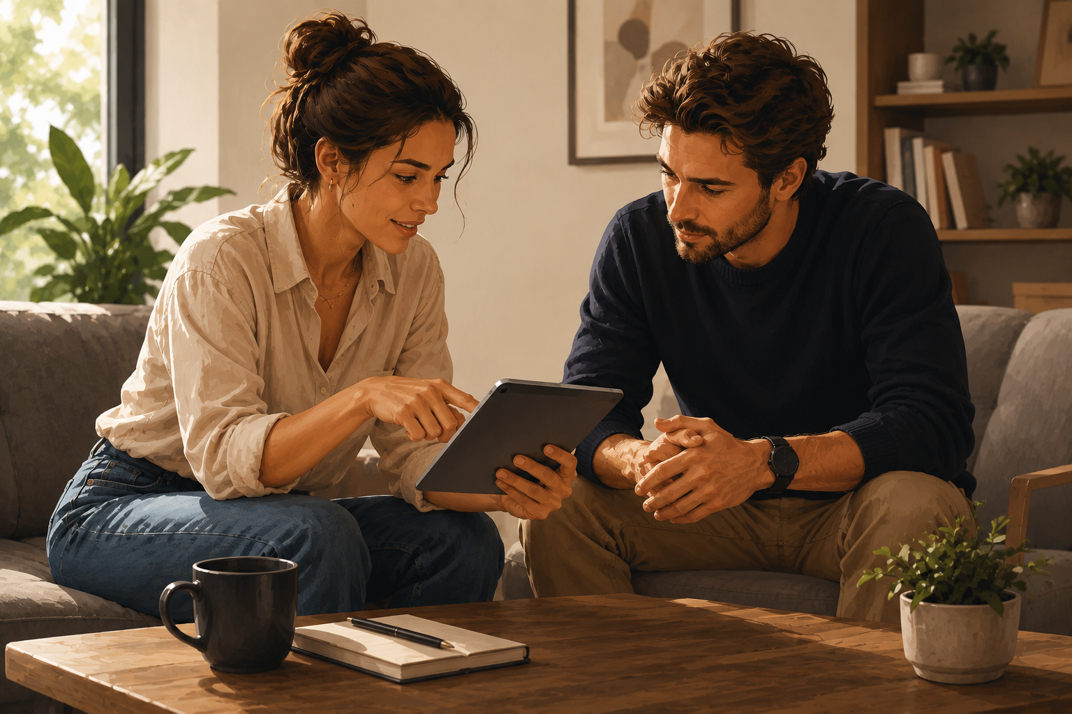 Two affiliate managers at a coffee table reviewing a tablet together, pointing at content on the screen