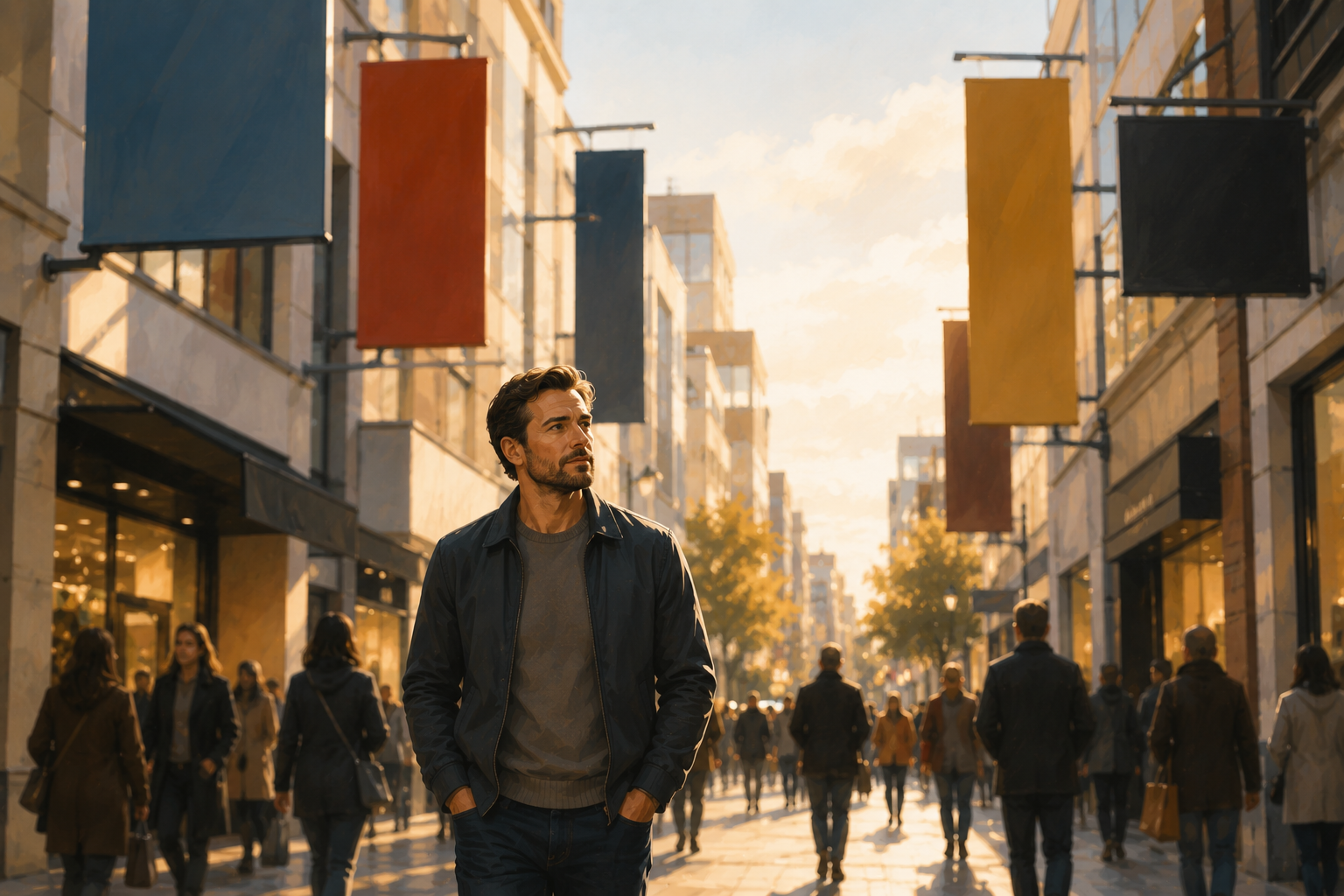 Person walking through a busy shopping street, looking thoughtfully at storefronts in the afternoon light