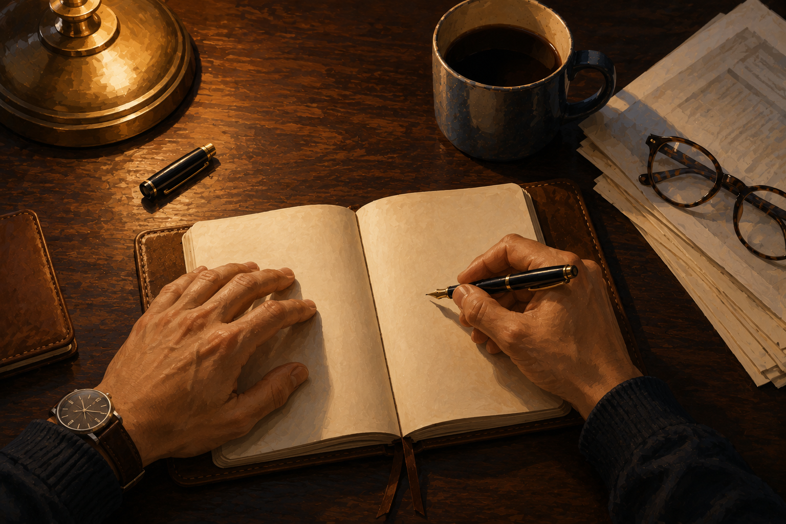 Close-up of hands writing in a leather notebook with a pen, a coffee mug and printed documents on a desk