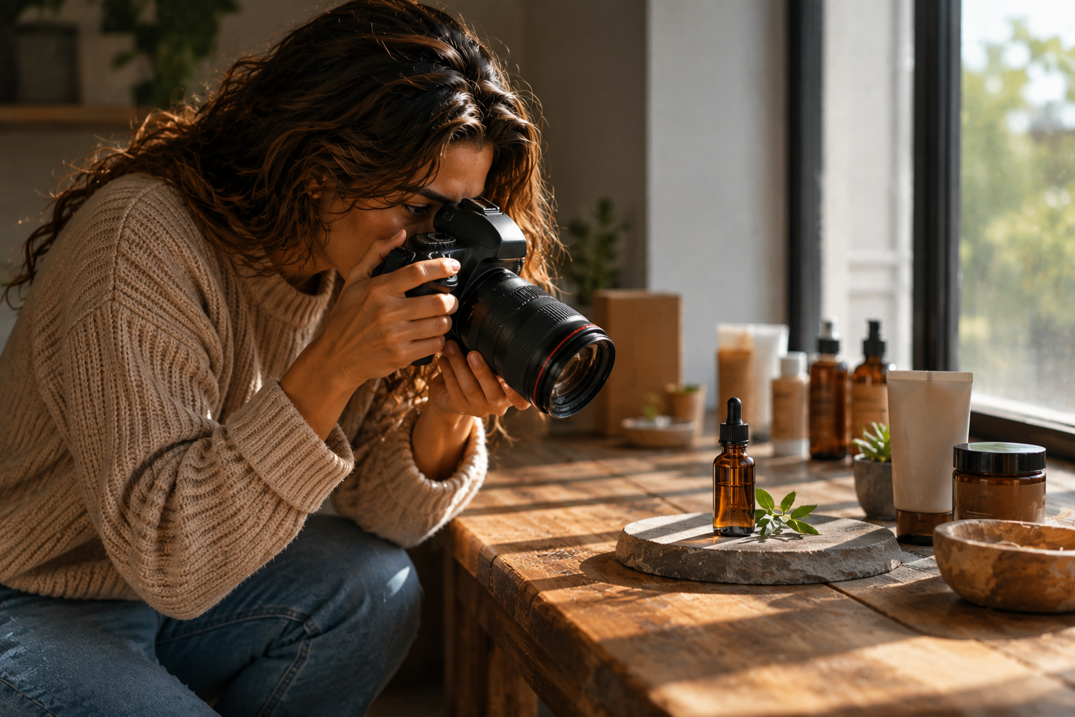 Person crouching to photograph a physical product on a wooden table, professional camera in hand, warm natural light