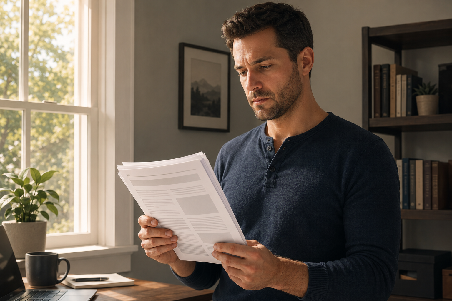 Affiliate marketer standing at a window reading printed email responses from their subscribers, thoughtful expression