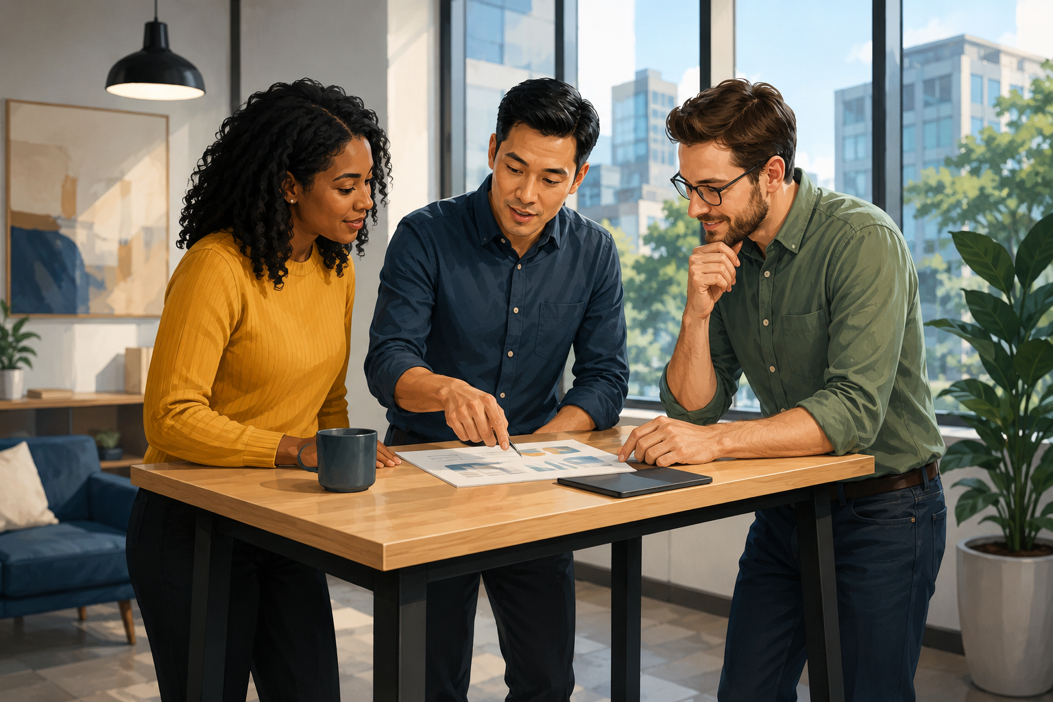 Group of three colleagues at a standing meeting table, one walking others through a document