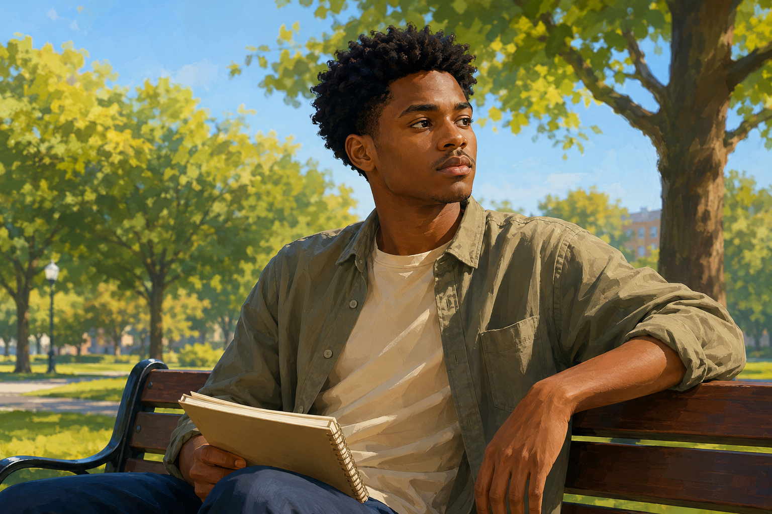 Young person sitting outdoors on a park bench looking thoughtful, notebook in hand, trees in background, midday sunlight, not looking at a screen