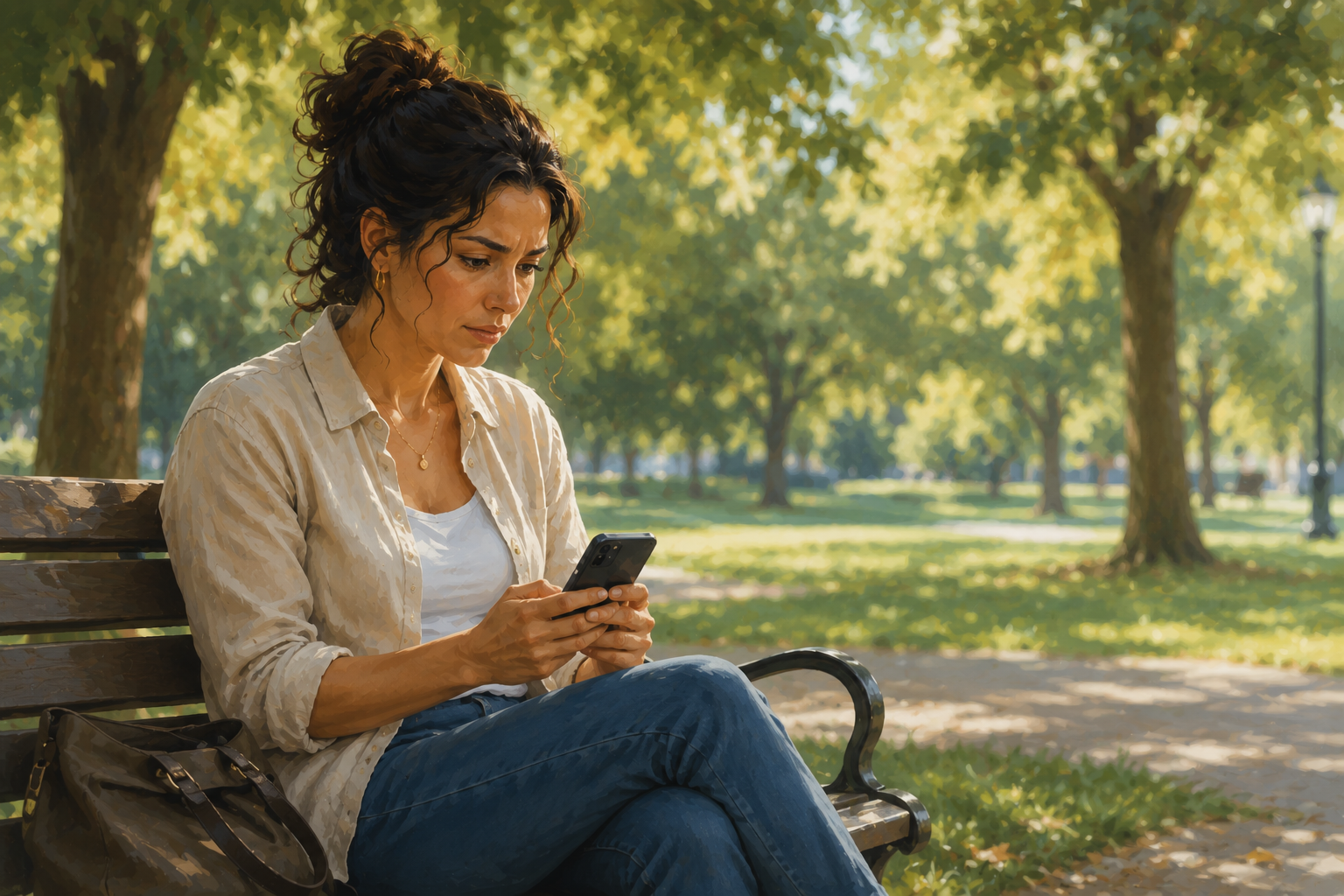 Person sitting on a park bench looking at their phone with a focused expression, trees and soft light behind them