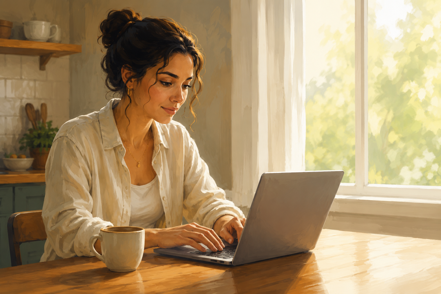 Person at a kitchen table typing an email on a laptop, natural light coming through a window
