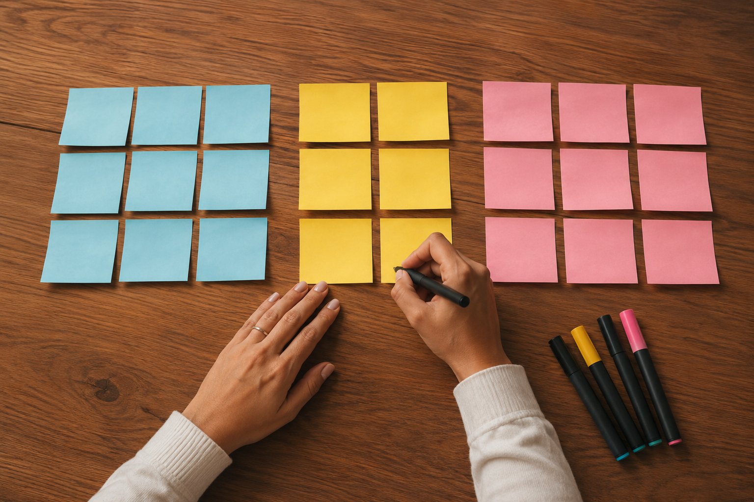 Close-up of hands writing on sticky notes laid out on a table with colored markers