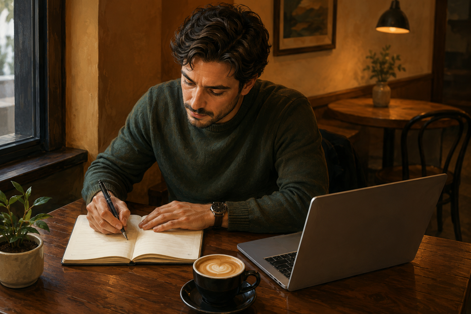 Person in a coffee shop writing notes in a notebook with a laptop open, focused expression