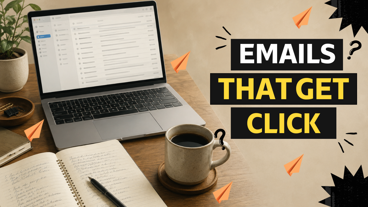 Affiliate marketer writing email campaign on laptop with intentional negative space on right side