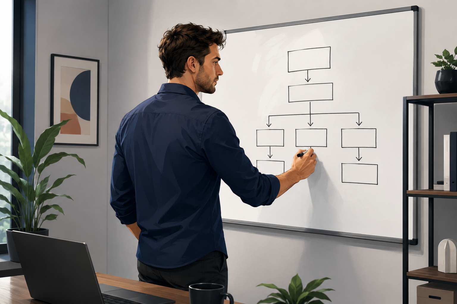 Marketer at whiteboard sketching out email structure with marker, focused and in motion