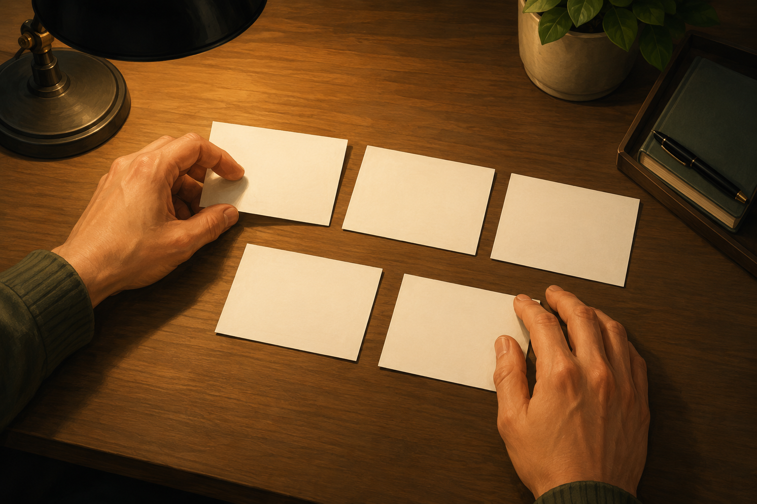 Close-up of hands arranging five index cards on a desk, each labeled with a number