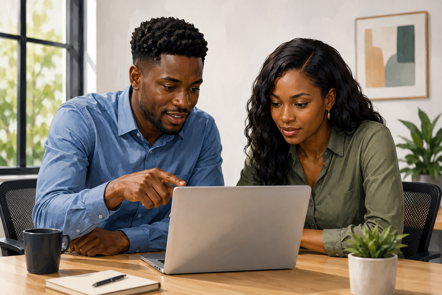 Two marketers in a casual office setting collaborating over a shared screen showing email subject line options