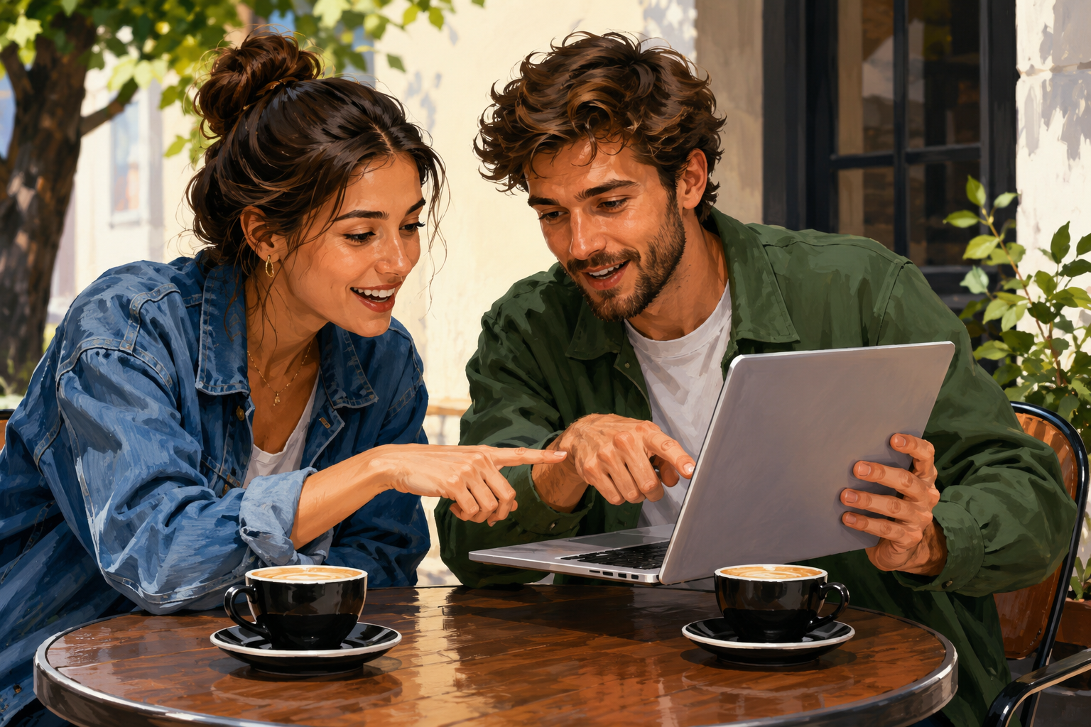 Two people at a shared monitor reviewing graphs and numbers, pointing at the screen in discussion
