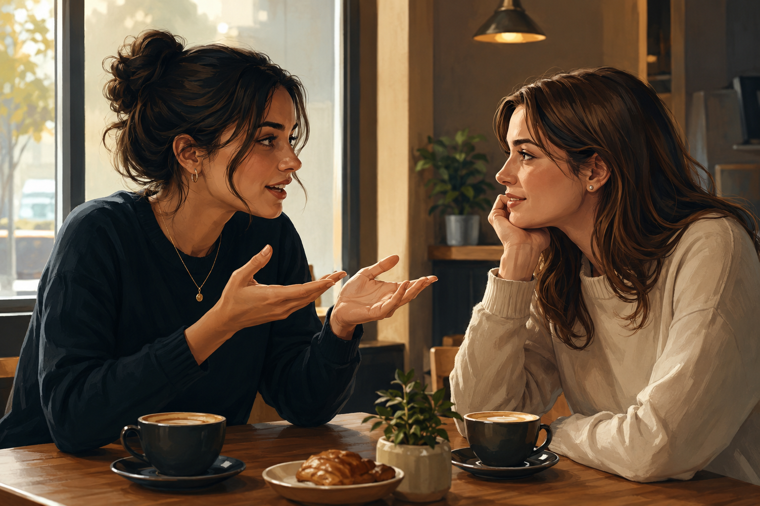 Two friends at a coffee shop in easy conversation, one gesturing as they explain something