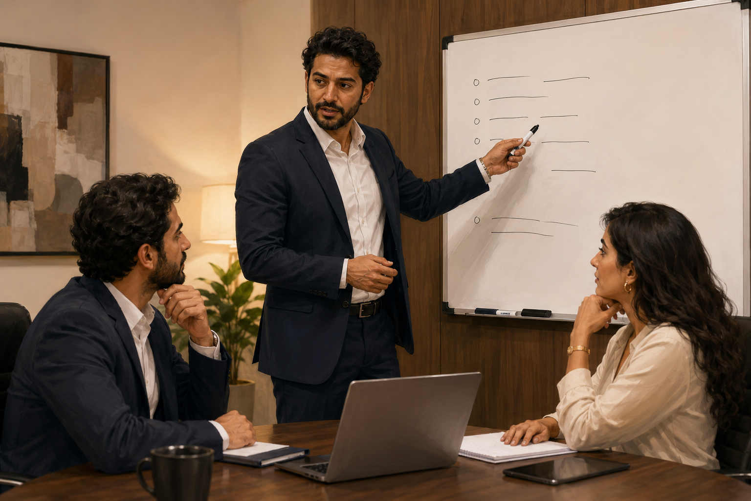 Business owner standing at a whiteboard in a small conference room, pointing at a handwritten list, two colleagues seated nearby