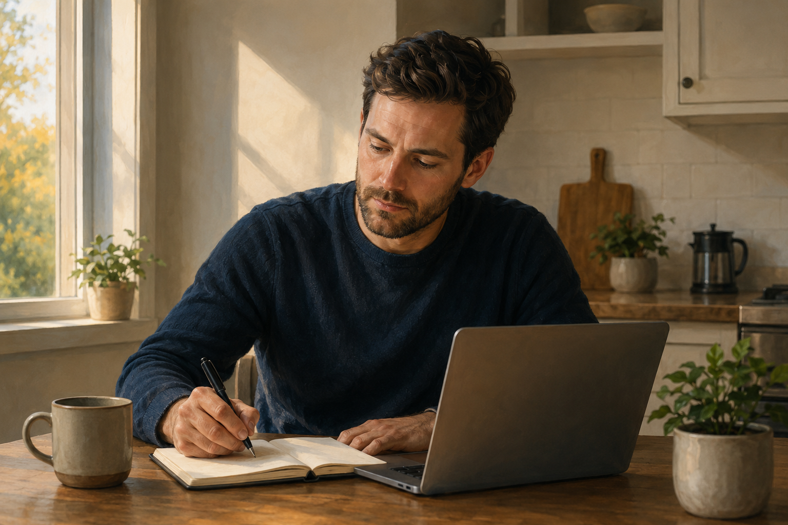 Affiliate working at a kitchen table in early morning light, open notebook and laptop in front of them, warm quiet atmosphere