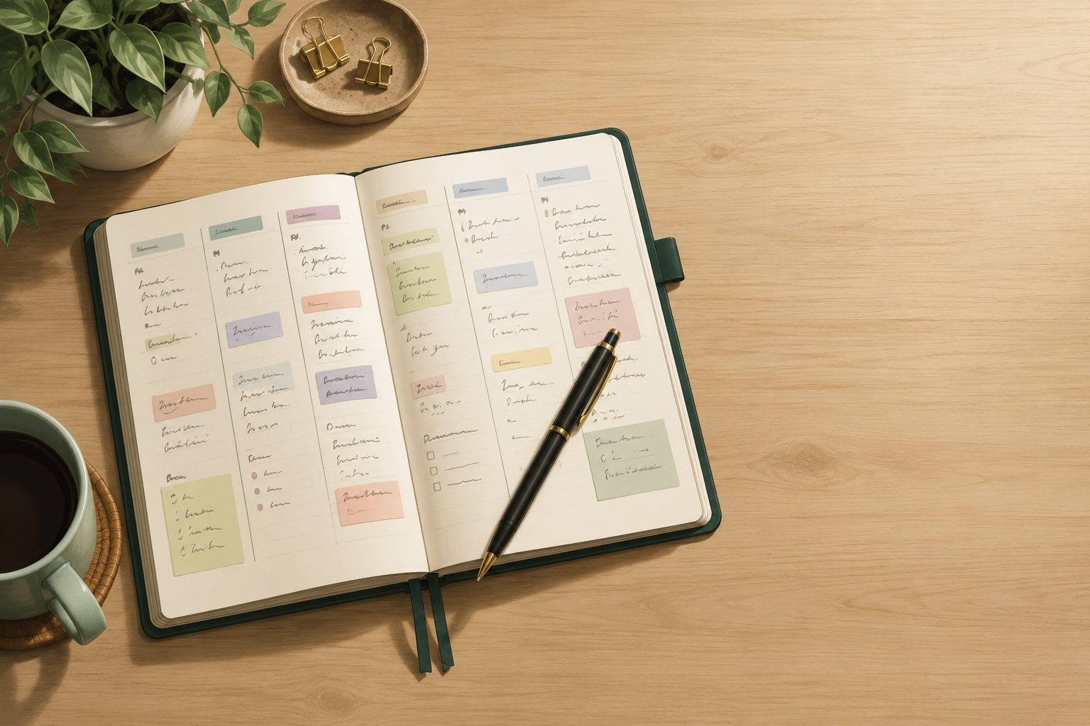 Overhead shot of a weekly planner open on a desk with a pen and coffee cup nearby
