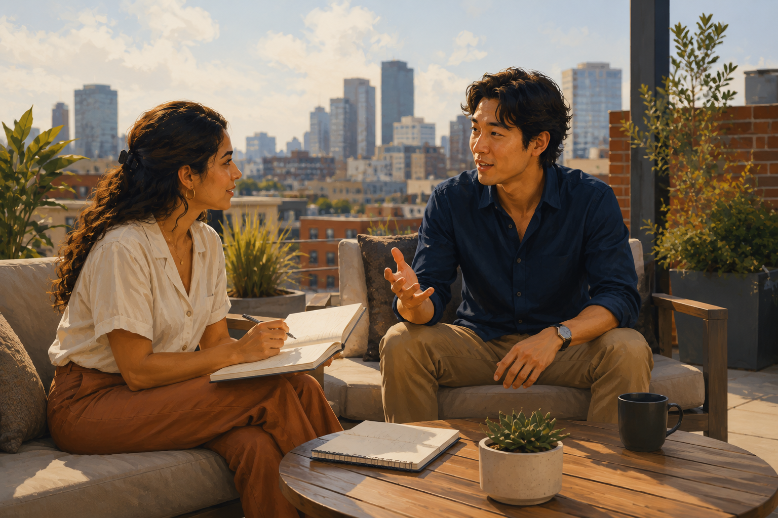 Two people having a planning conversation outdoors on a building rooftop with notebooks open