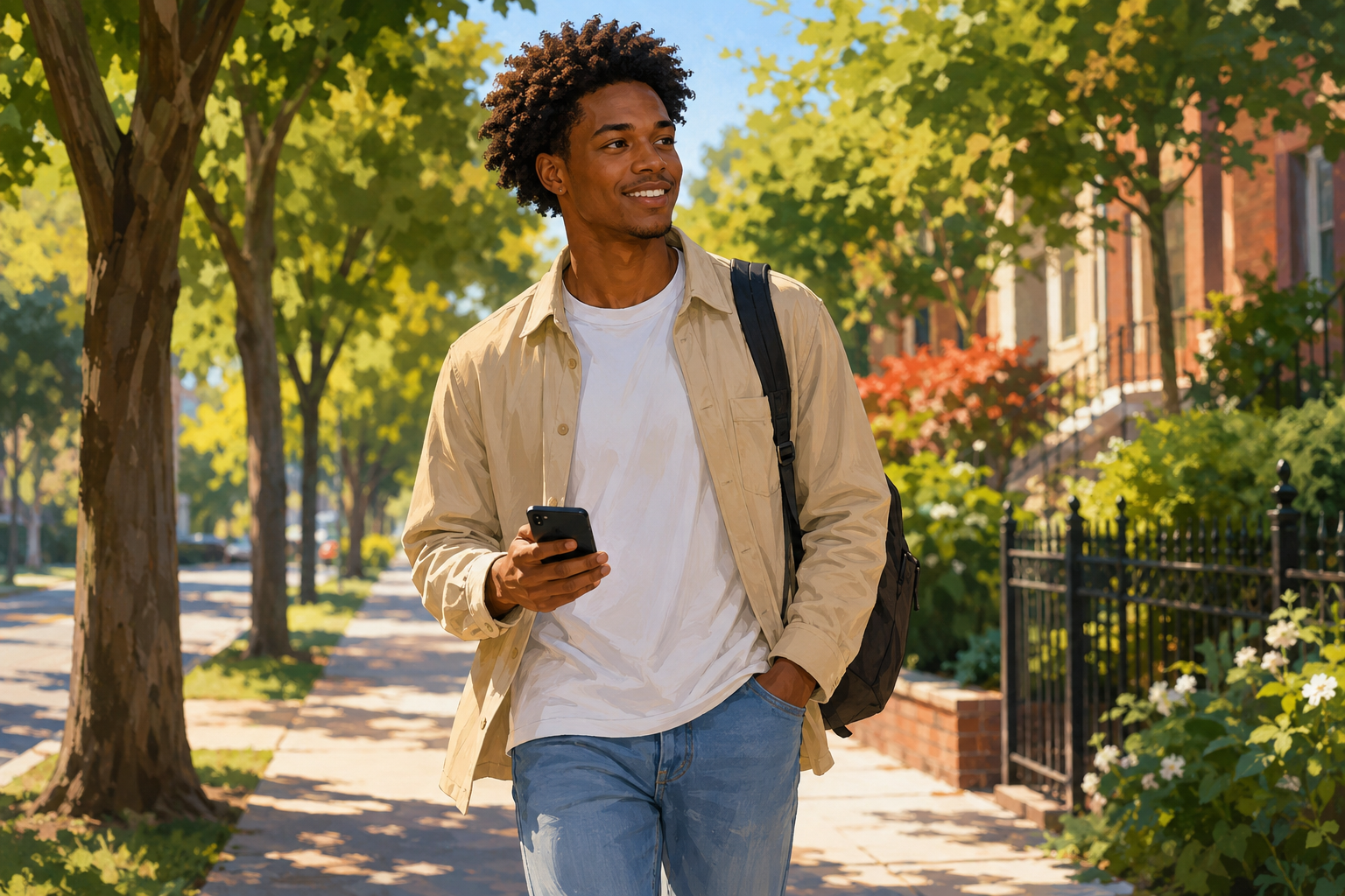 Person walking outside on a sunny day, phone in hand, relaxed smile, residential street or park path in background, movement and energy in the shot