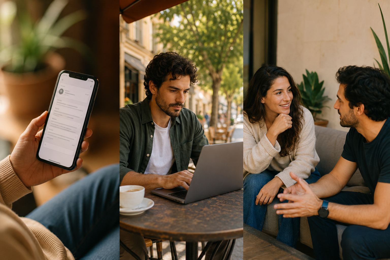 Three people in different settings, one on a phone, one at a laptop writing, one in a casual outdoor conversation
