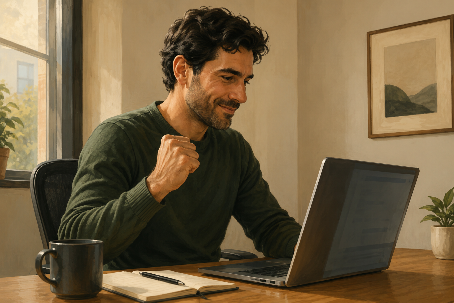 Person at a desk giving a quiet fist pump, looking at a laptop screen in a warm home office