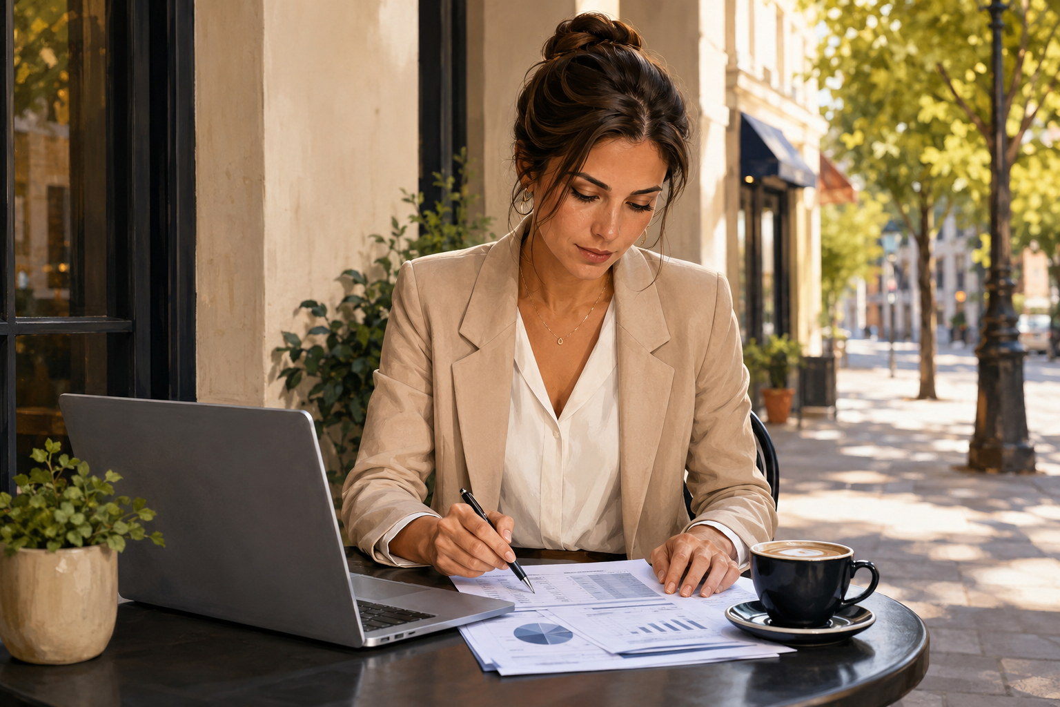 Local business owner at a coffee shop reviewing commission payout documents