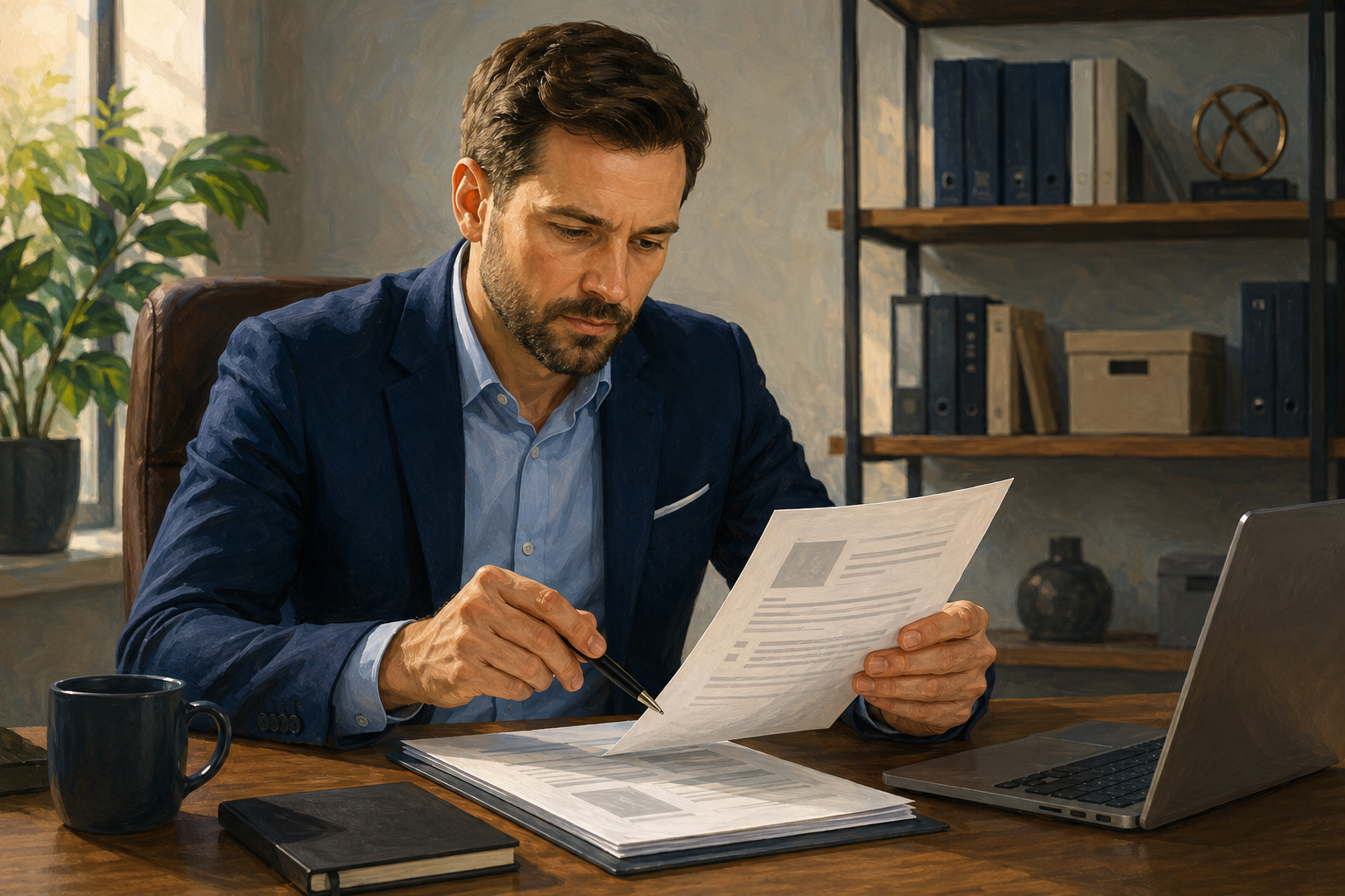 Business owner reviewing a written referral agreement at a desk