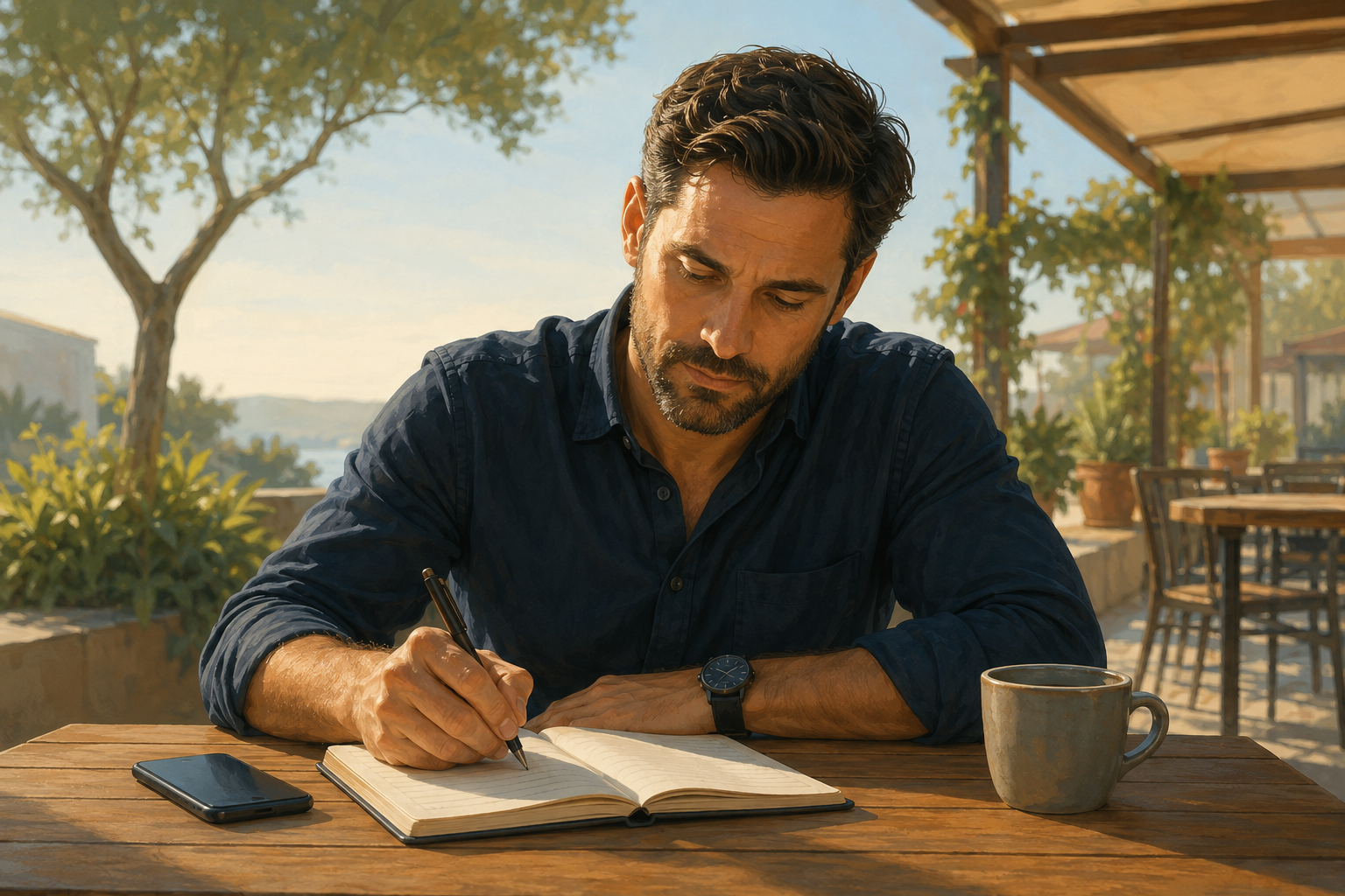 Local business owner writing notes in a notebook at an outdoor table
