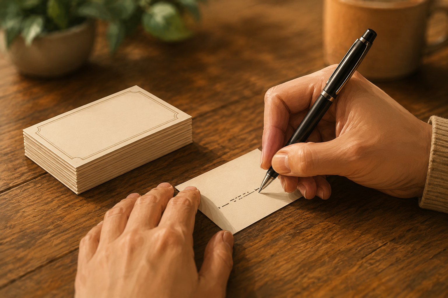 Close-up of hands writing referral codes on business cards