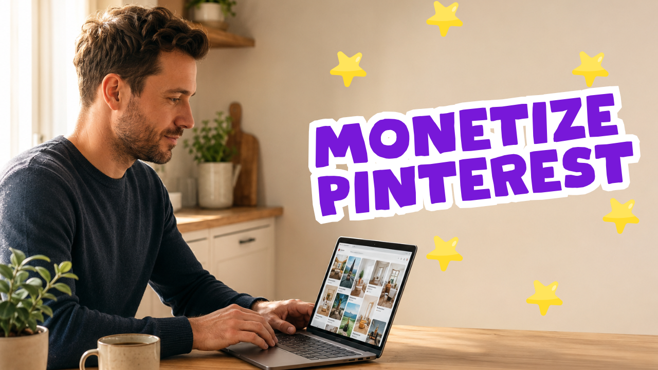 Affiliate marketer at a bright kitchen table reviewing Pinterest boards on a laptop, warm morning light, intentional negative space on the right side