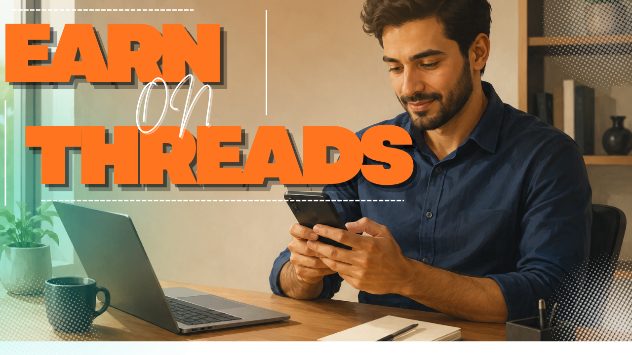 Person composing a Threads post on a phone, subject offset to the right with 35% open negative space on the left side of the frame
