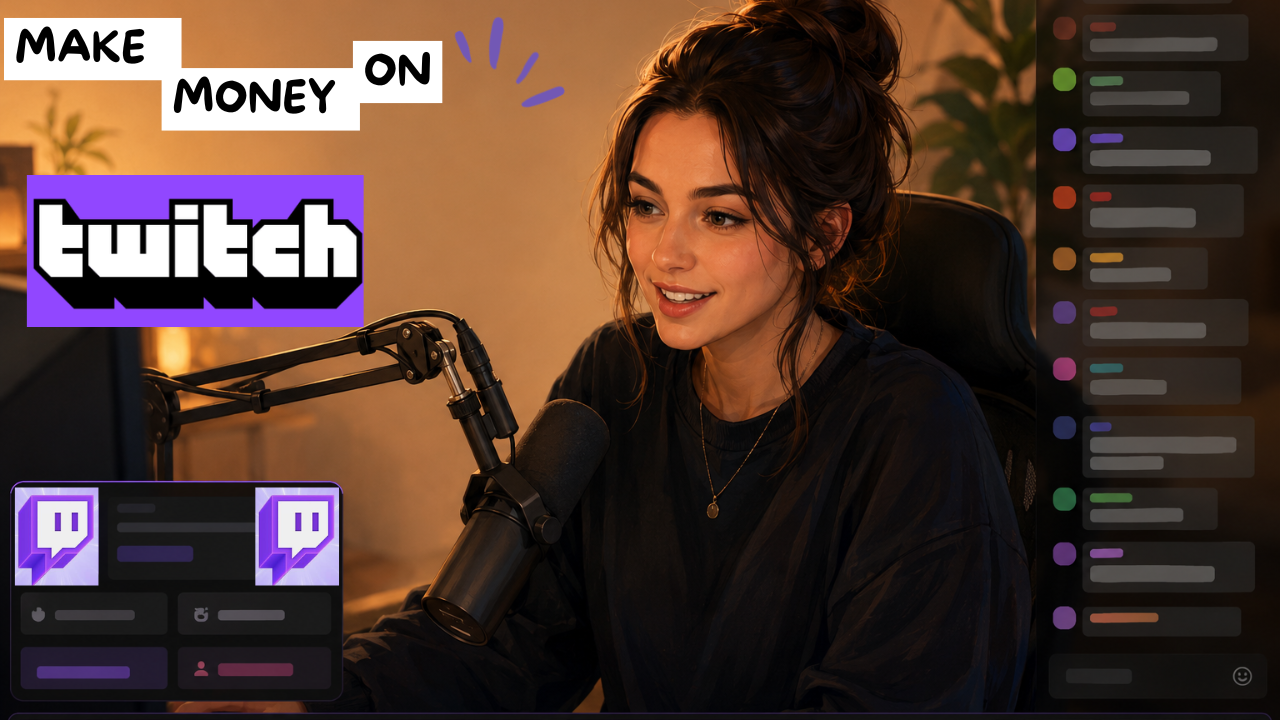 Twitch streamer at a desk mid-broadcast with chat scrolling and affiliate panels visible below the stream