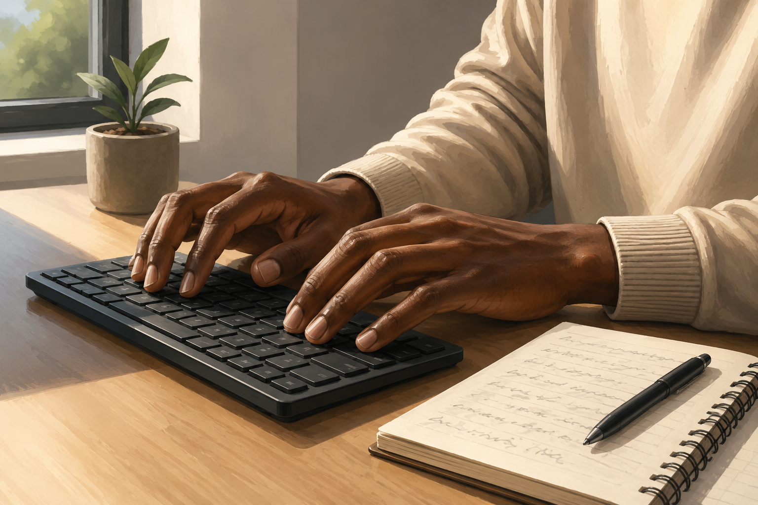 Close-up of a person's hands on a keyboard with a notebook beside it showing handwritten revenue notes, soft natural light from a window on the left side, minimal desk setup