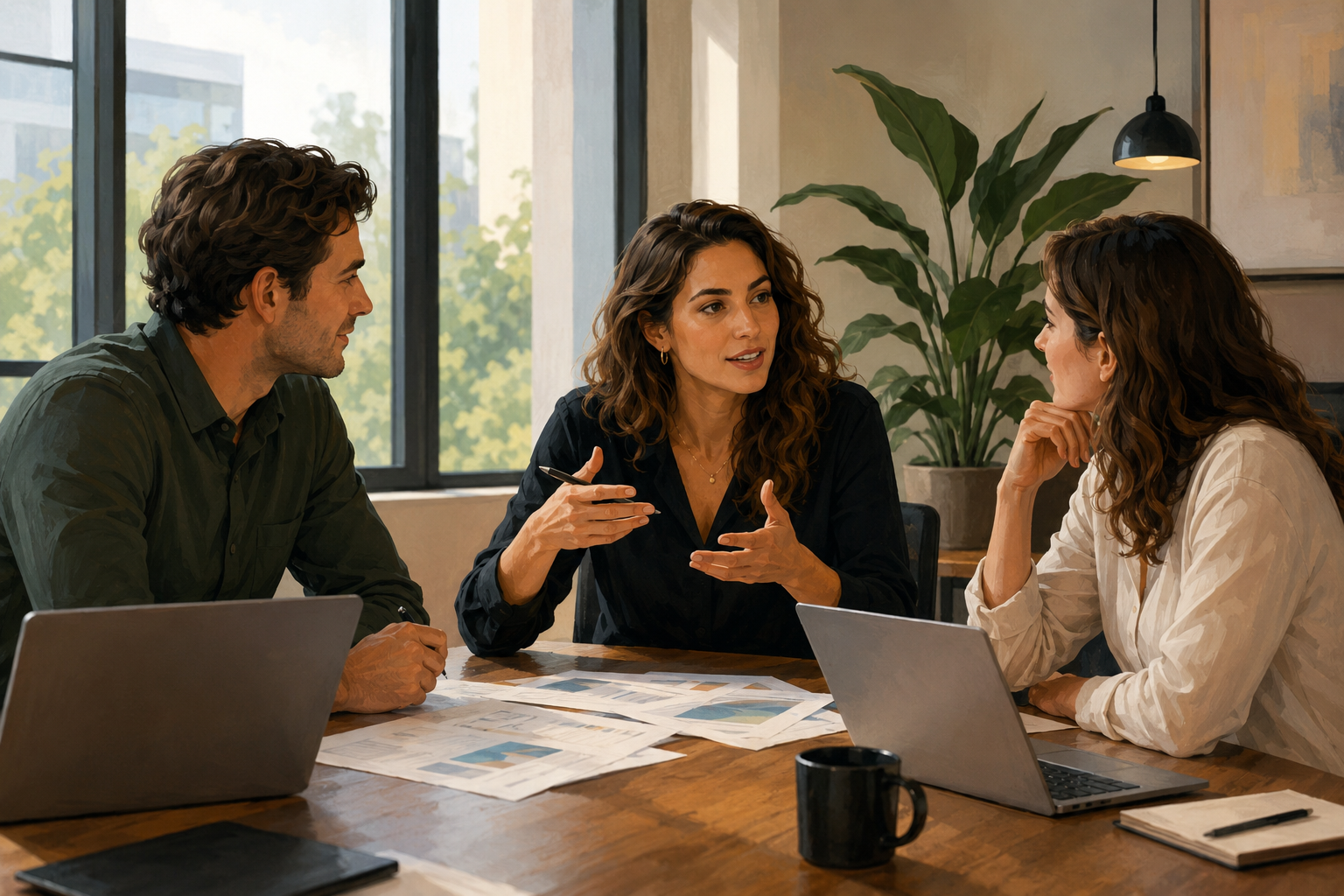 A small group of three people in a relaxed office meeting, papers and laptops on the table, one person gesturing as they explain something, warm lighting and a large window in the background