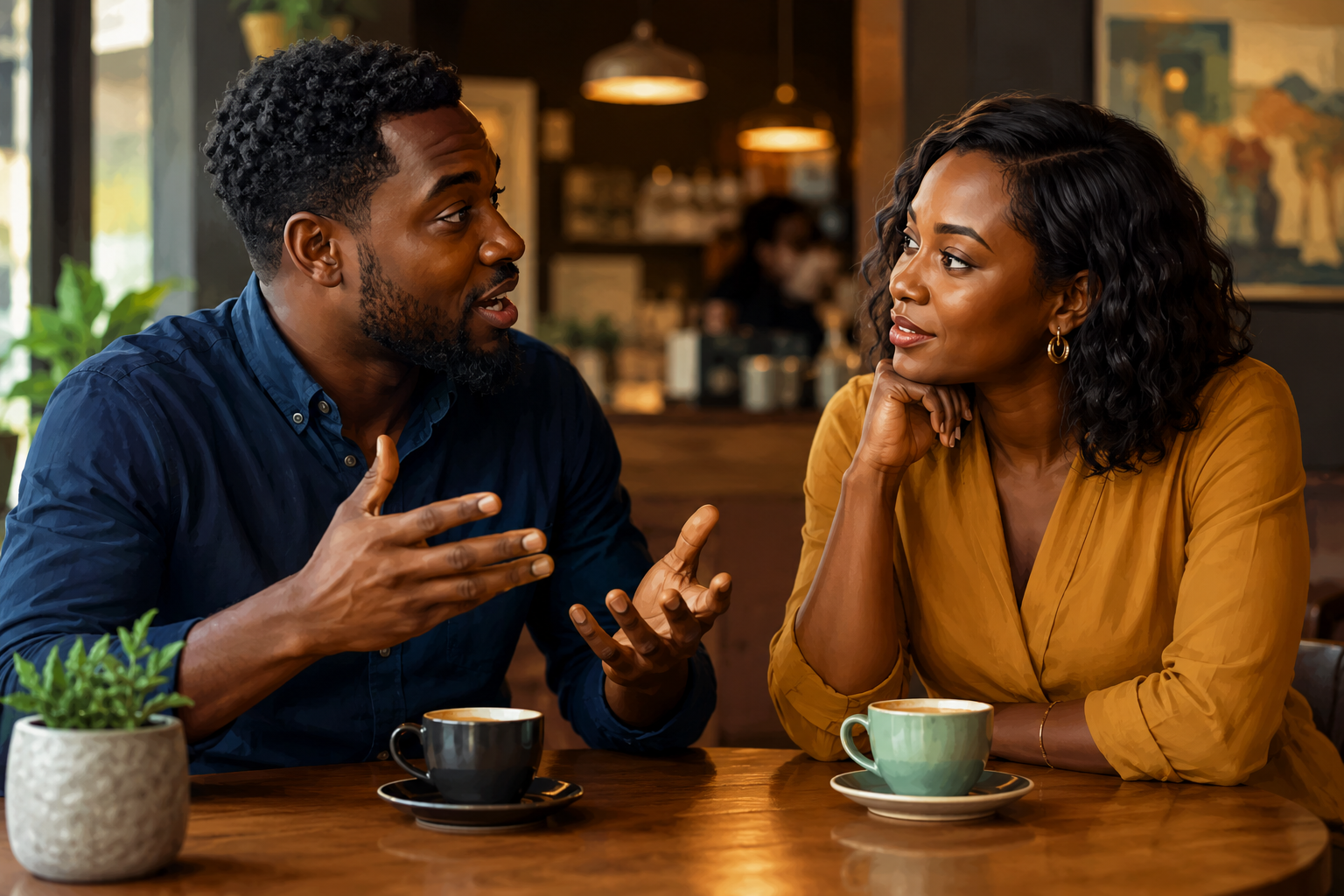 Two people in a coffee shop having an engaged conversation, one gesturing toward a phone screen