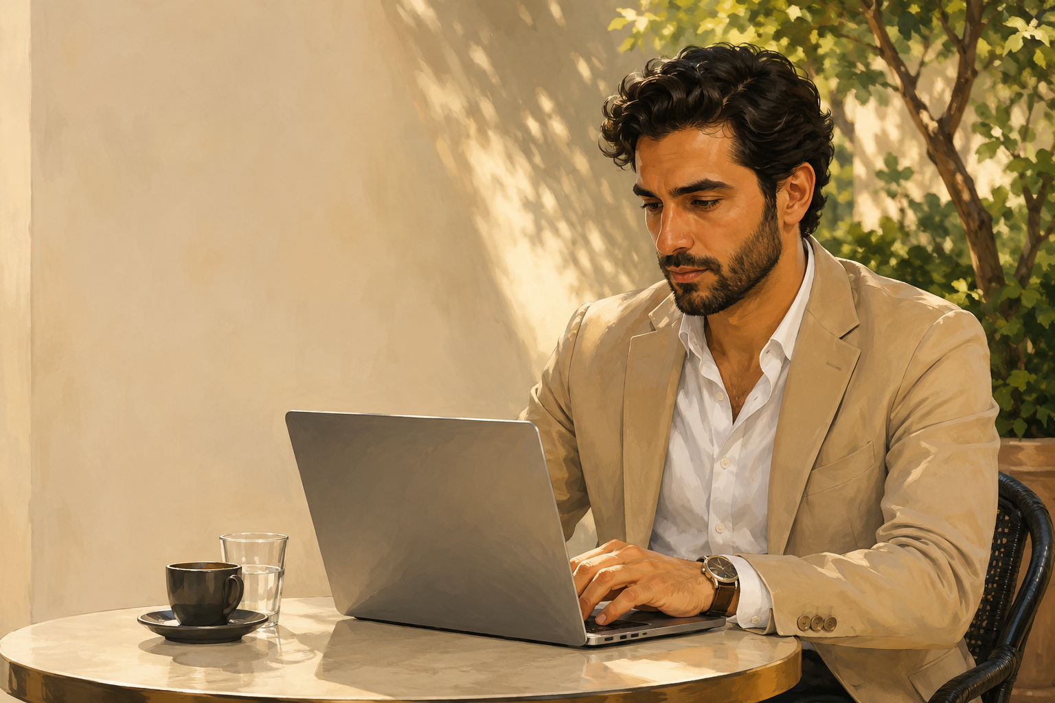 Person seated at a cafe patio table composing an email on a laptop, relaxed outdoor setting with afternoon light