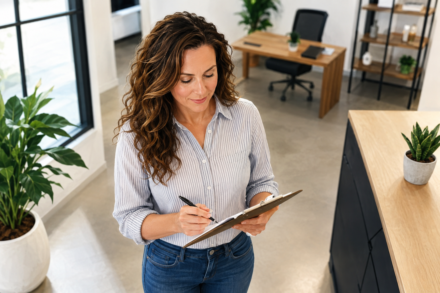 A small business owner reviewing a checklist on a clipboard while standing in a bright, modern office space