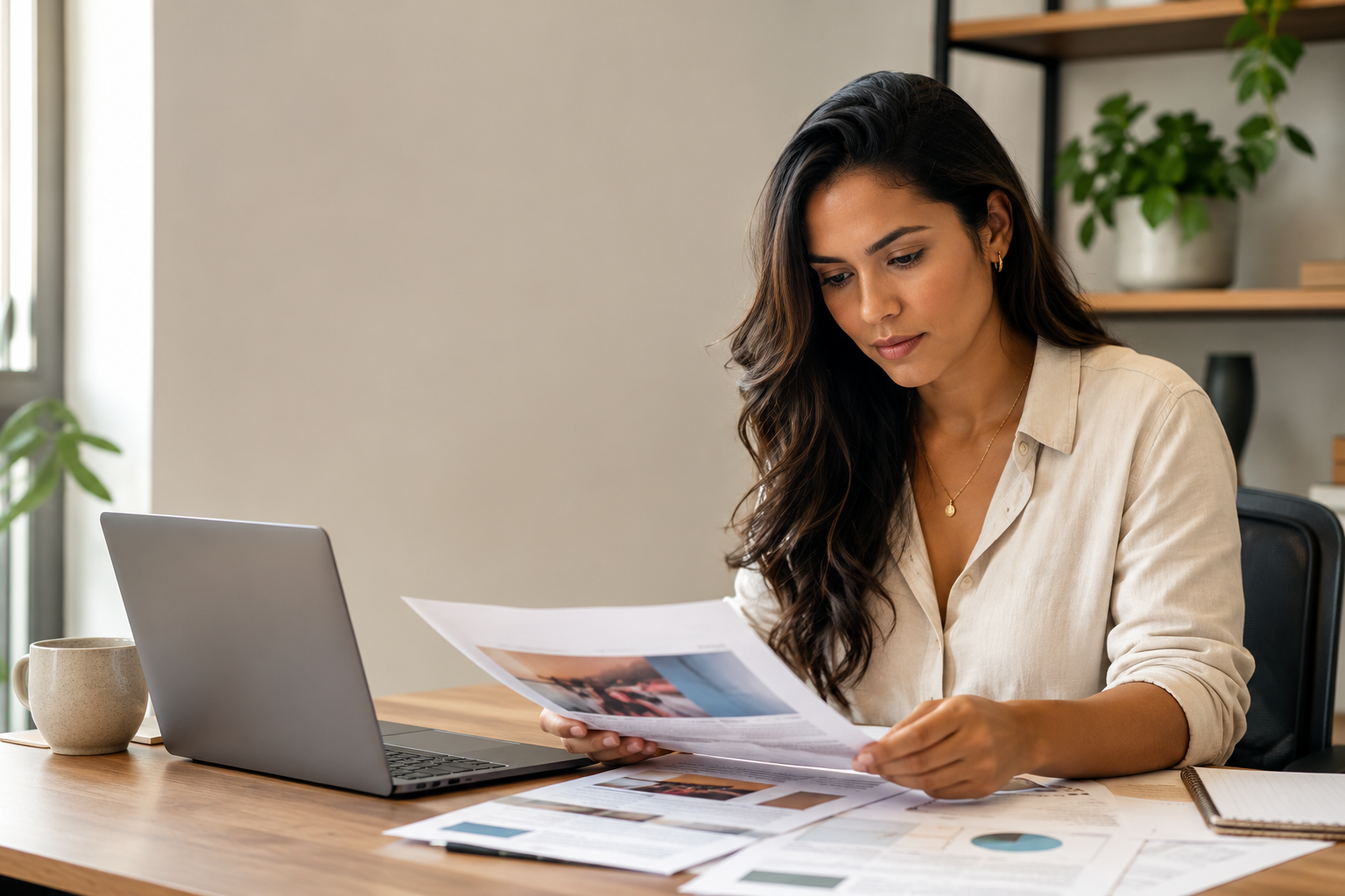 A woman reviewing printed materials and a laptop at a desk, working through referral partner resources