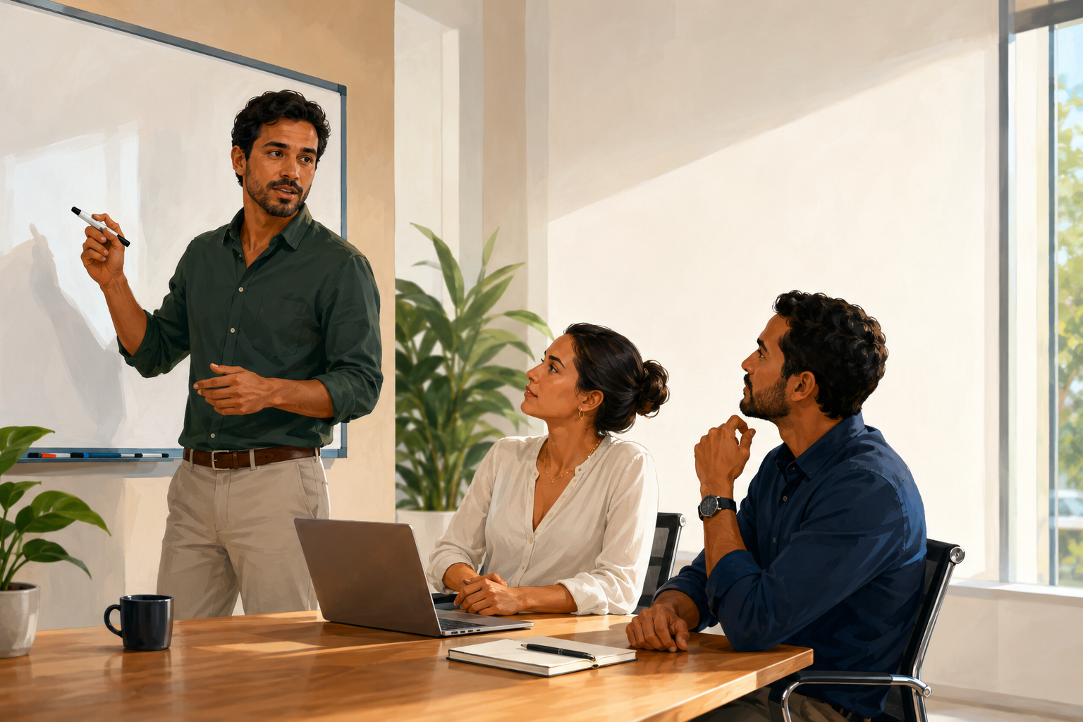 Business owner writing commission rates on a whiteboard with a small team watching