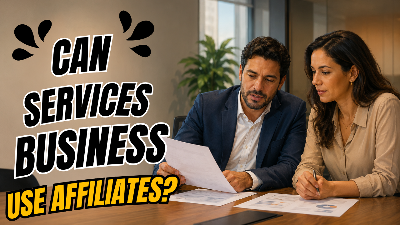 Business owner reviewing affiliate referral program setup at a conference table with a colleague