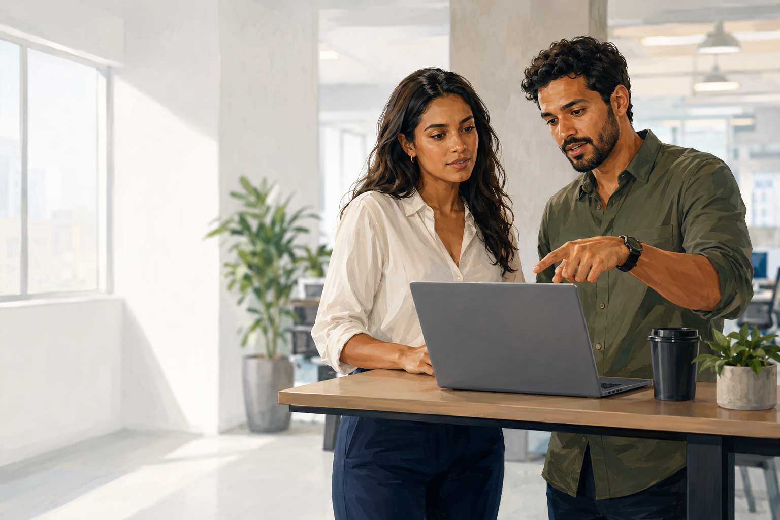 Two colleagues at a standing desk looking at laptop screen with monthly performance numbers, candid discussion
