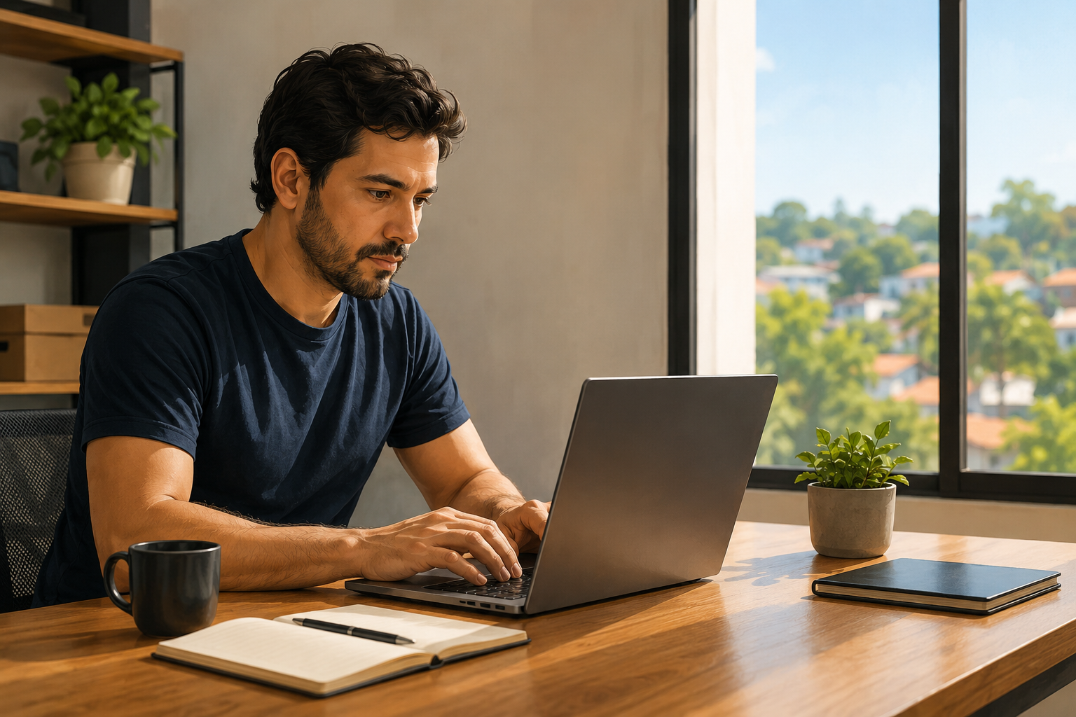 Small business owner setting up affiliate tracking software on a laptop in a home office, focused and methodical