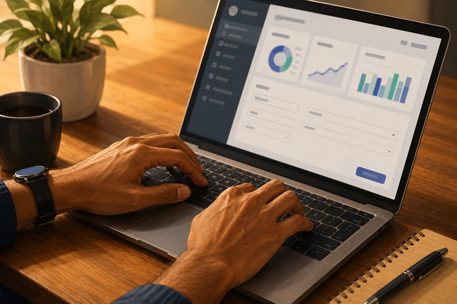 Close-up of hands typing on a laptop with a CRM dashboard open showing referral source data
