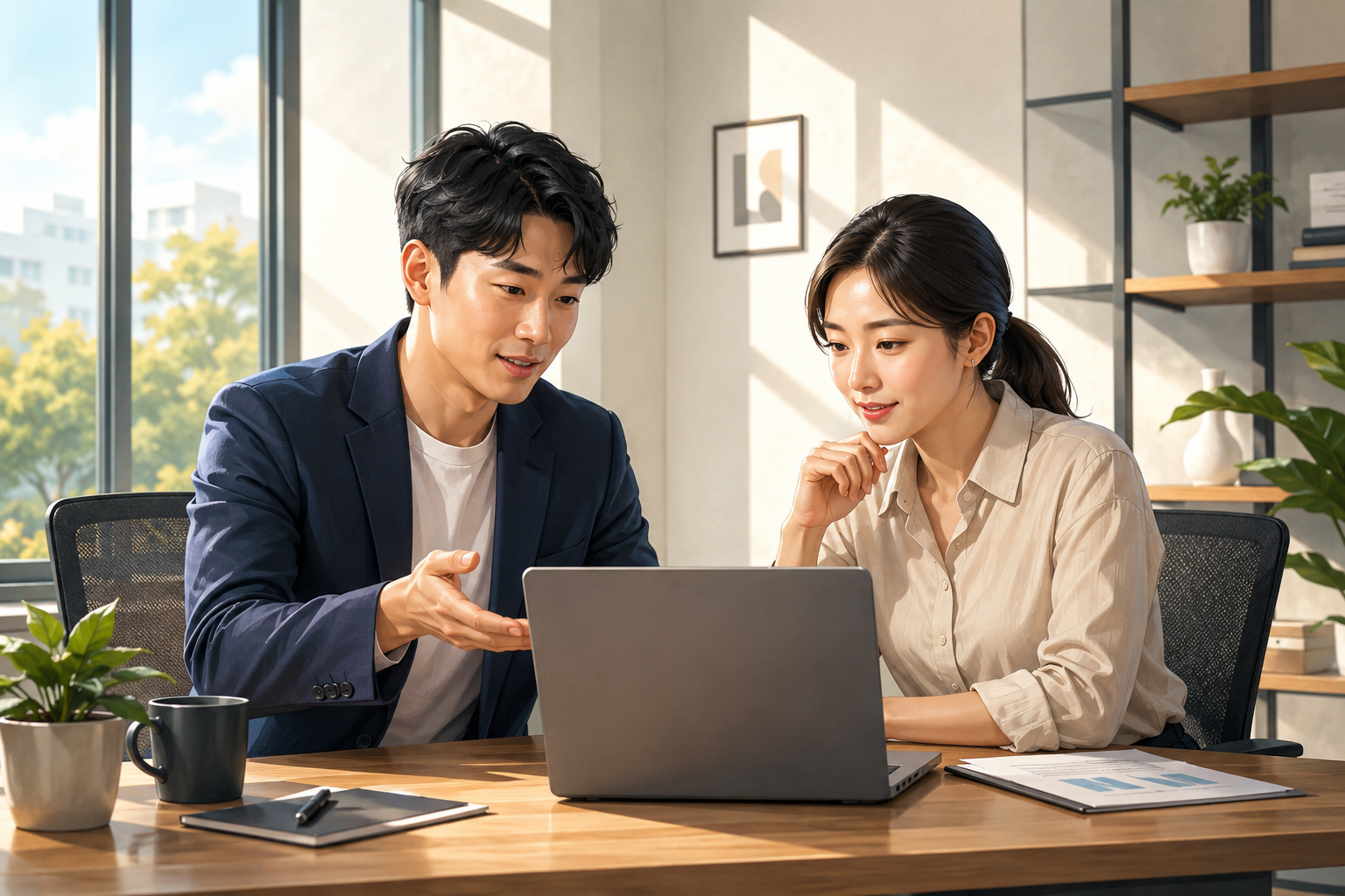 Two business owners in a bright open workspace reviewing settings on a shared screen, one gesturing toward the monitor, relaxed afternoon light