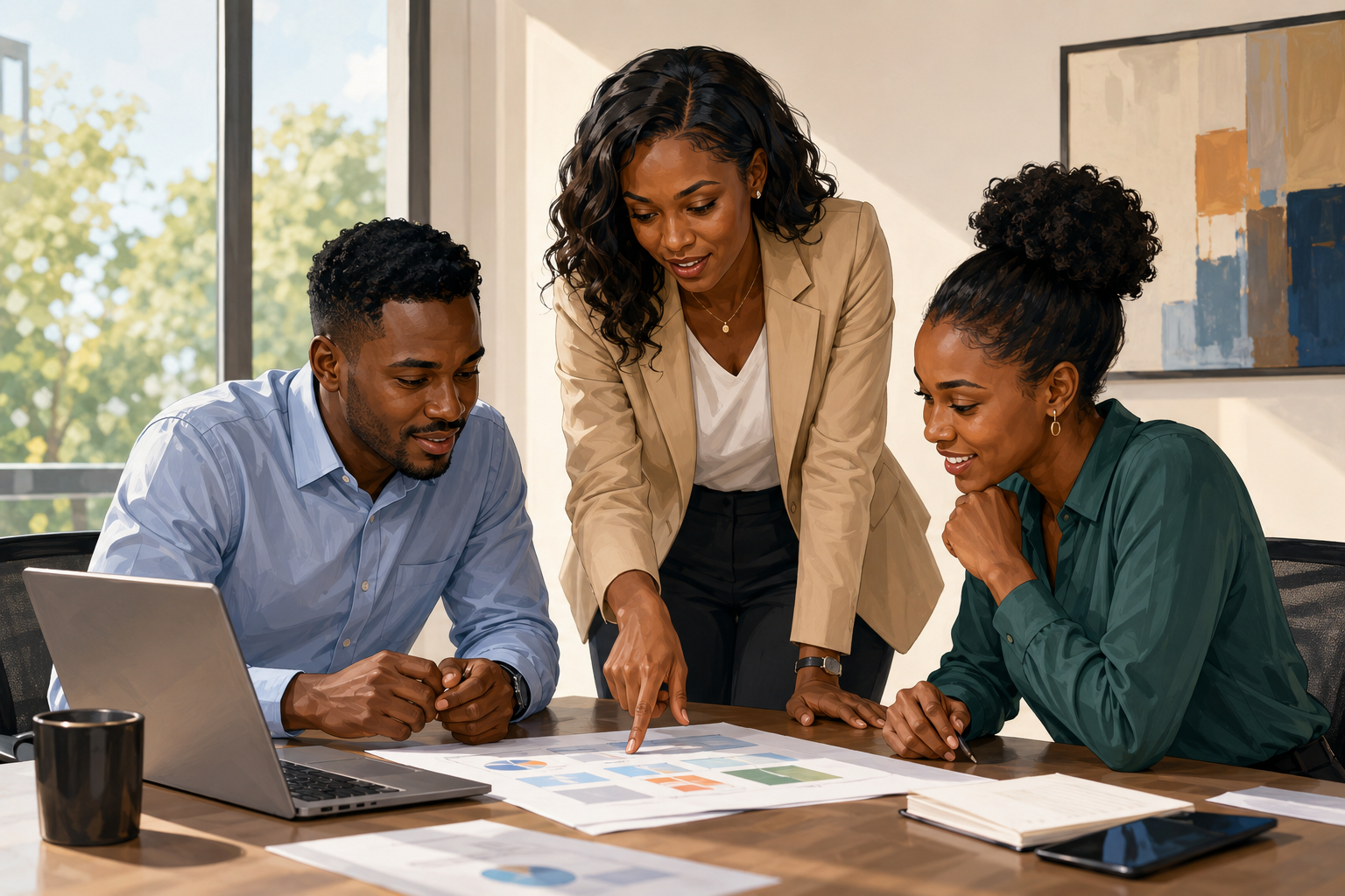 Marketing team in a bright conference room reviewing a promotion calendar on a whiteboard
