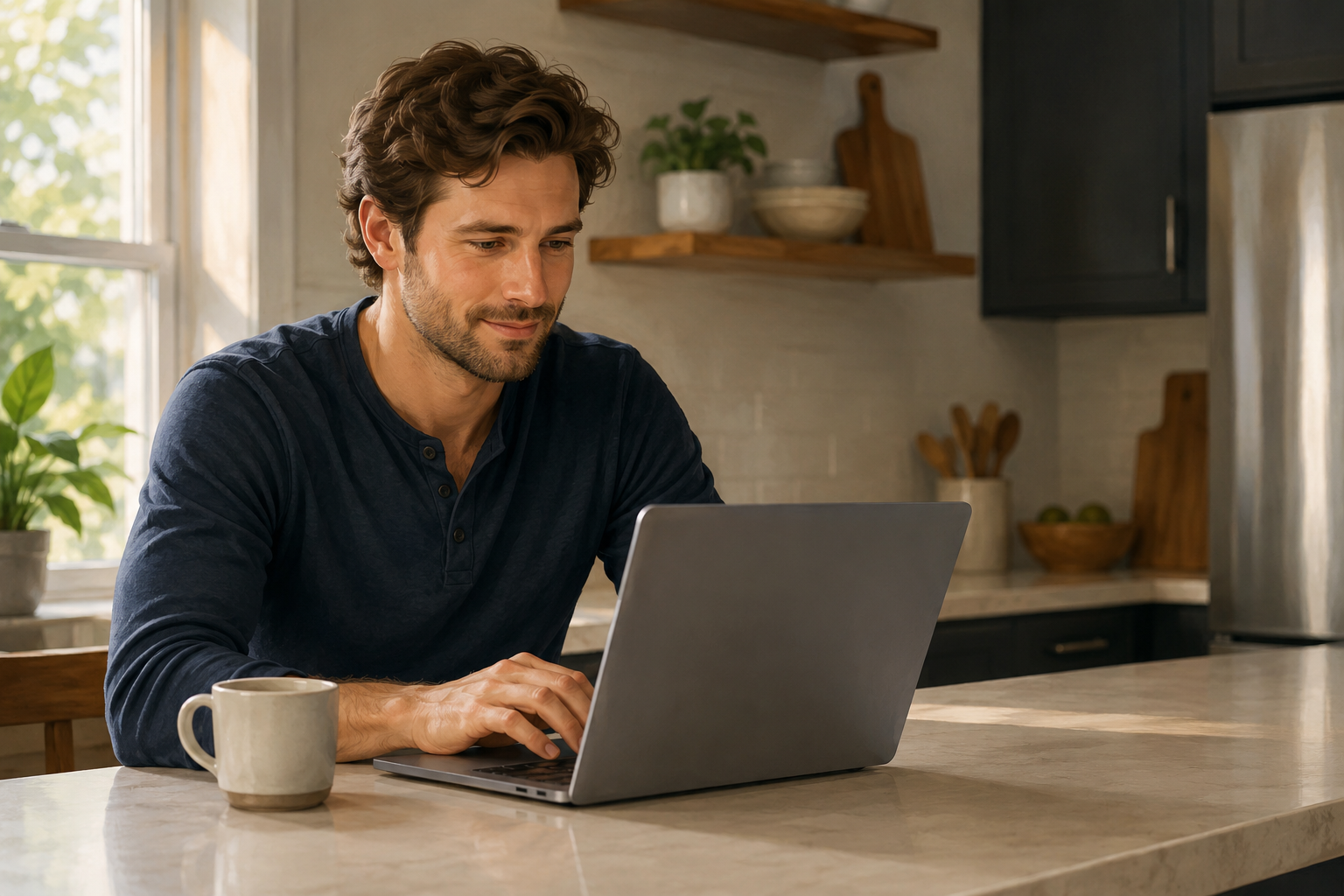A content creator scrolling through affiliate program listings on a laptop while sitting at a kitchen counter