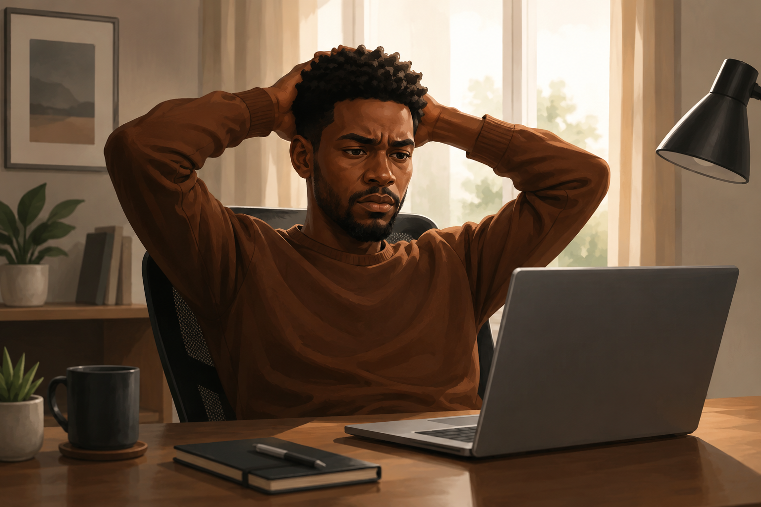 Person sitting back in a chair with hands on their head, looking at a laptop screen with a slightly frustrated expression, home office setting, window light behind them