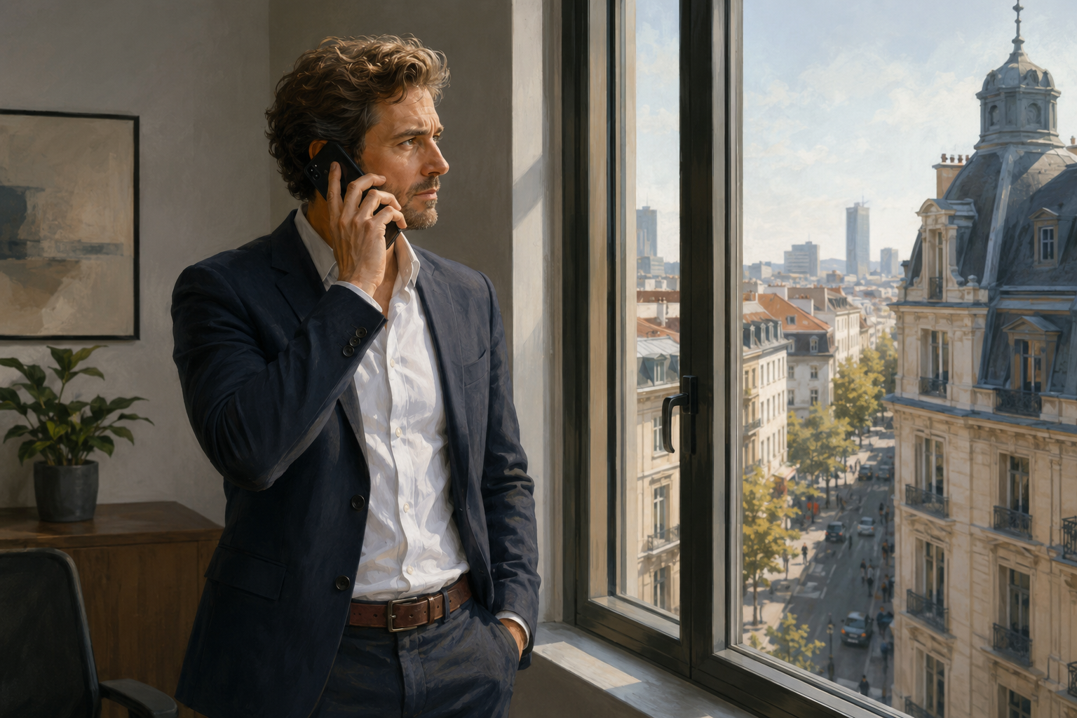 Business owner standing near a window on a phone call, looking out at a city street below, light from outside, relaxed but focused posture